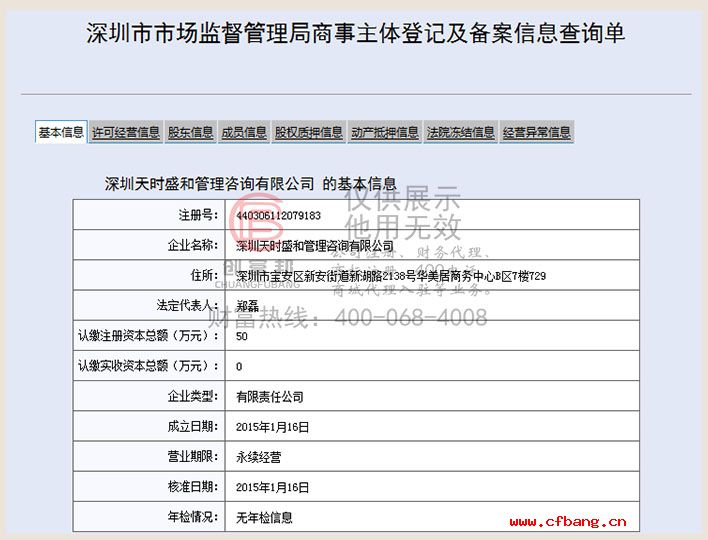 深圳某某和管理咨詢有限公司工商網(wǎng)信息查詢展示
