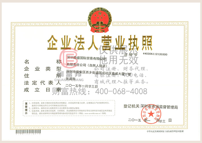 深圳某某盛國際貿(mào)易有限公司營業(yè)執(zhí)照展示