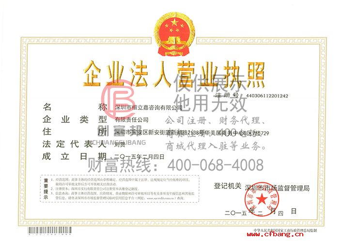 深圳市某某嘉咨詢有限公司營業執照展示