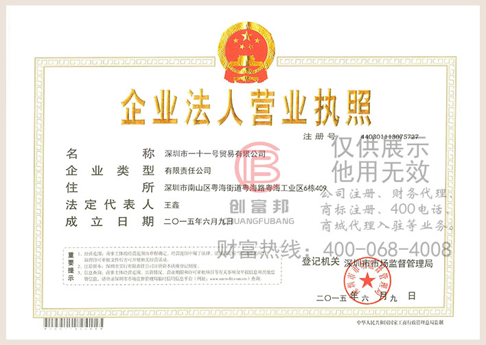 深圳市某某號貿(mào)易有限公司營業(yè)執(zhí)照展示