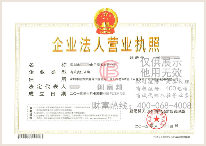 深圳市某電子商務(wù)有限公司營(yíng)業(yè)執(zhí)照展示