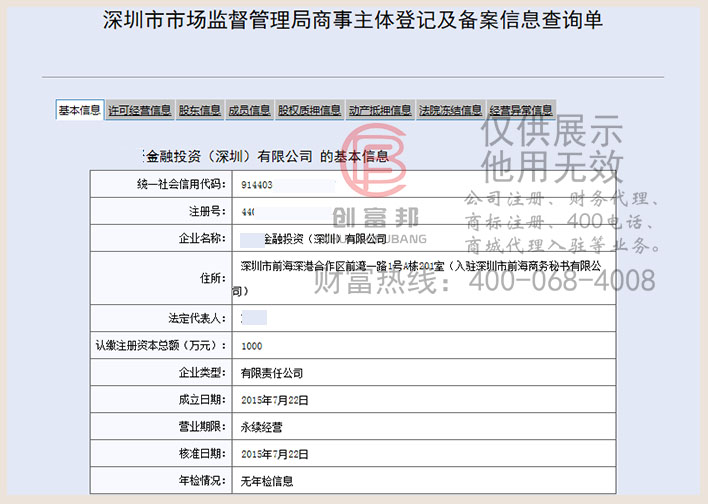 信賢金融投資（深圳）有限公司工商網信息查詢