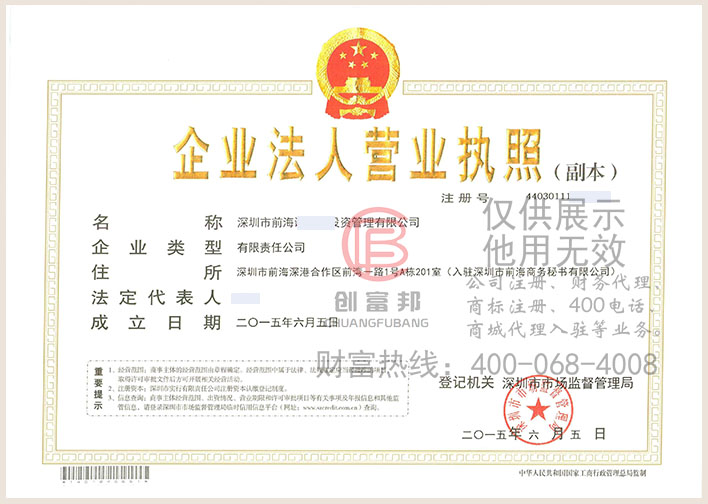 深圳市前海某某信投資管理有限公司營業(yè)執(zhí)照展示