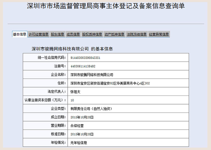 深圳市某某騰網絡科技有限公司工商網信息查詢