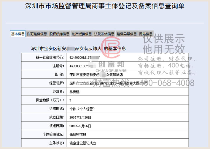 某某品女裝服飾店工商網信息查詢