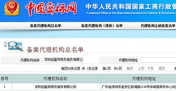 商標網查詢注冊代理機構顯示結果
