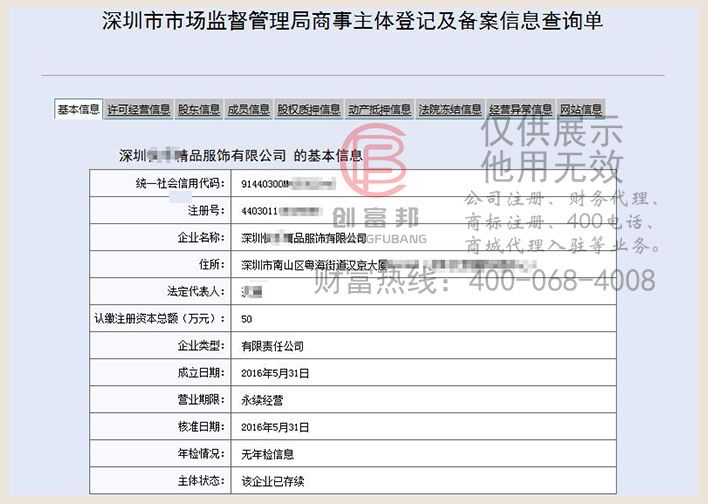 某精品服飾工商網信息查詢